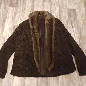 Vintage Faux Black Curly Persian Lamb Coat Jacket with Fur Collar